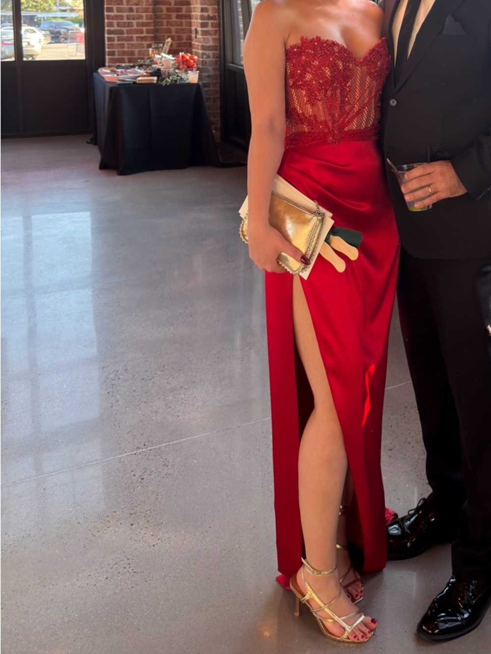 Prom Stories Red Strapless Lace Bodice Satin Prom Gown with High Slit